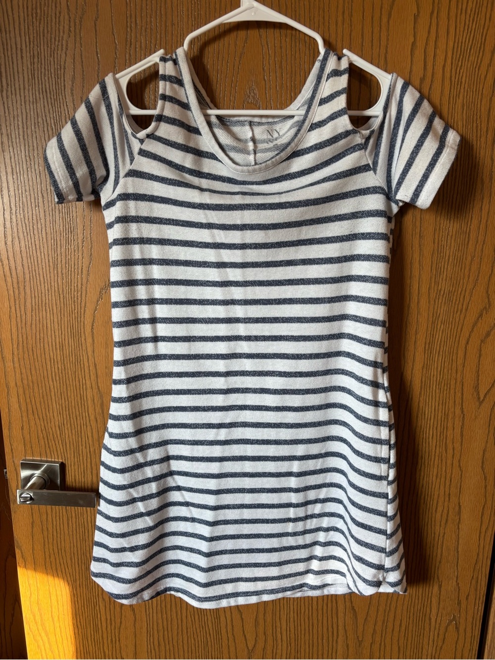 New York & Company Navy and White Striped Cold Shoulder Tee Dress